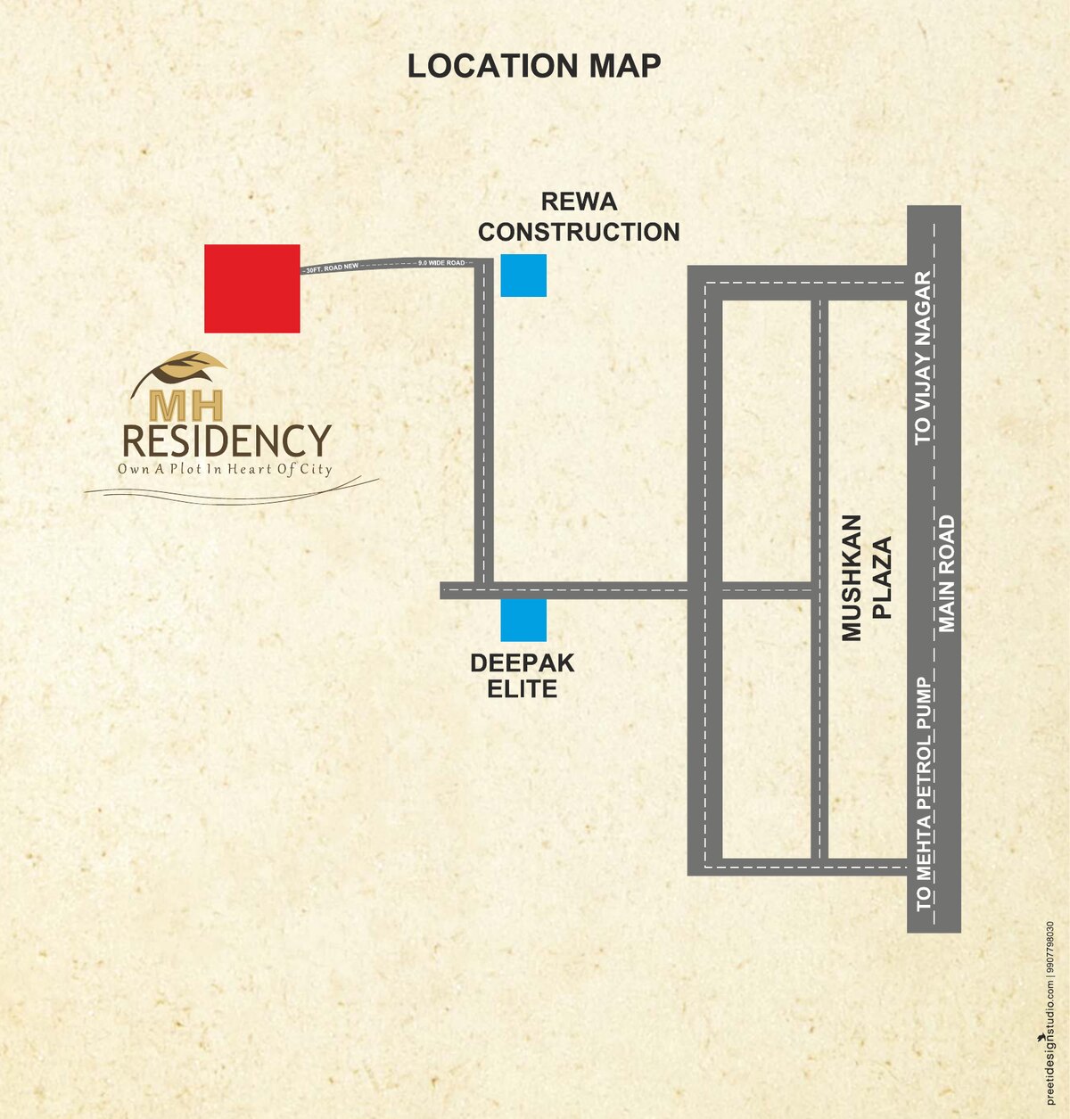 MH Residency location schematic — MR4 road, near Mushkan Plaza, to Vijay Nagar